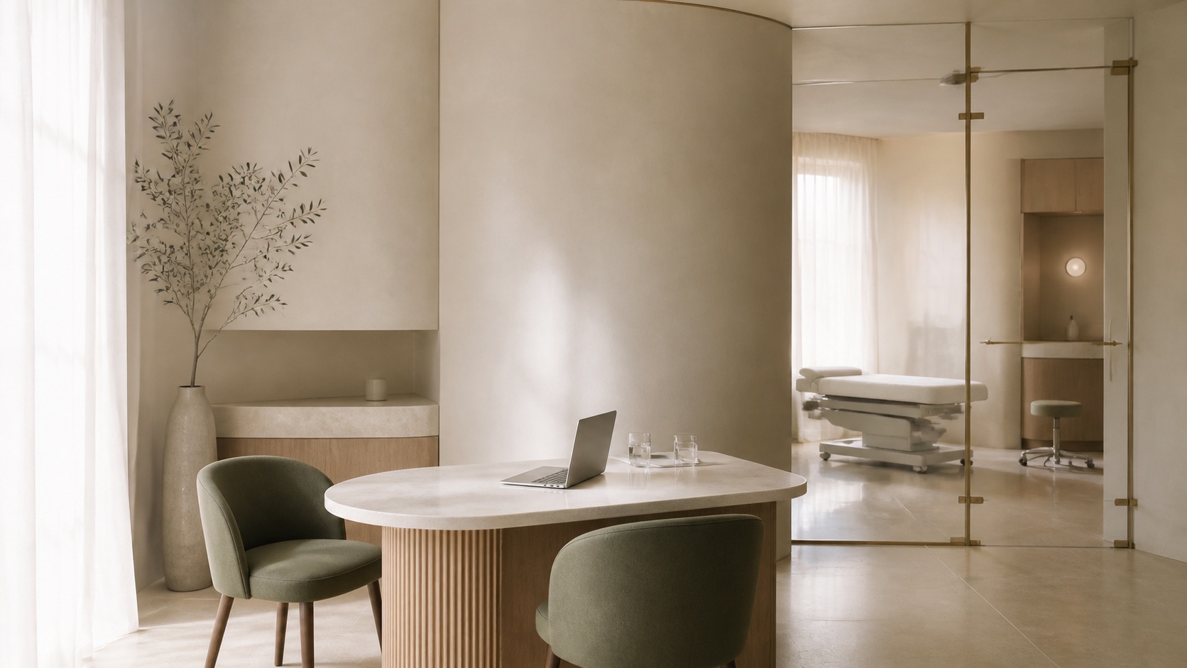 Ambiente di consultazione medica luminoso, con materiali naturali e sedute verde oliva.